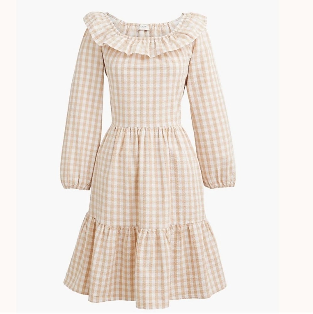 Gingham Ruffle Dress in Tan